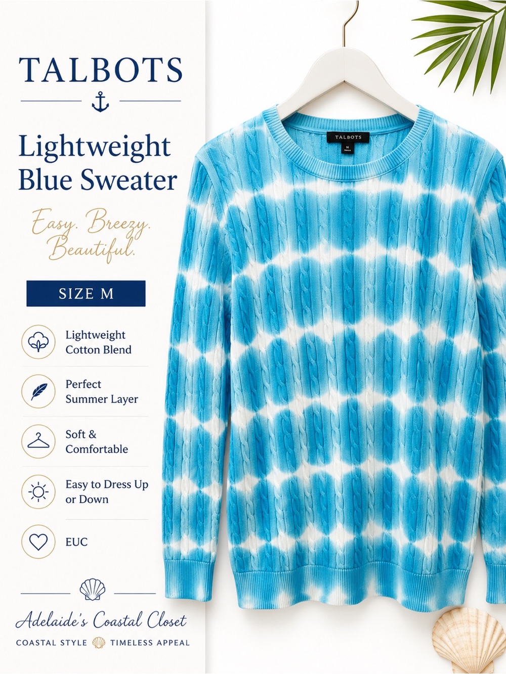 Talbots Lightweight Cotton Blend Cable Knit Sweater M Turquoise Blue